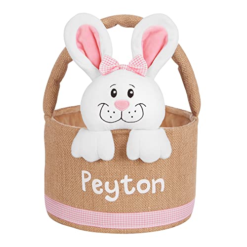 Let's Make Memories Personalized Easter Basket for Kids - Custom - For Boys and Girls - Fillable - With Optional Easter Basket Stuffers - 3-D Stuffed Bunny in Burlap - Pink