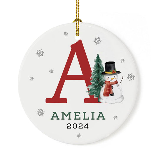 Andaz Press Personalized Christmas Ornament, Custom Name Initial A Monogram Snowman 2.8" Ceramic Porcelain 2024 Christmas Ornament For Kids Boys Girls 1-Pack Initial Ornaments Name Ornaments Christmas