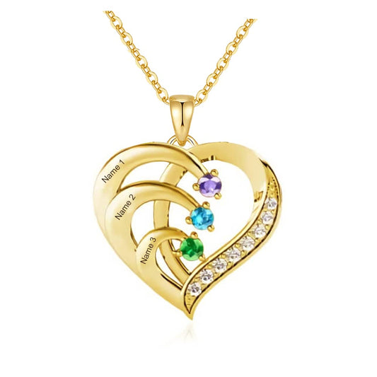 MOLICACI 10K/14K/18K Solid Gold Personalized Name Heart Necklace With 3 Birthstone, Real Gold Customized Mom Names Pendant Necklace Gold Mothers Necklace for mom, wife, Grandma