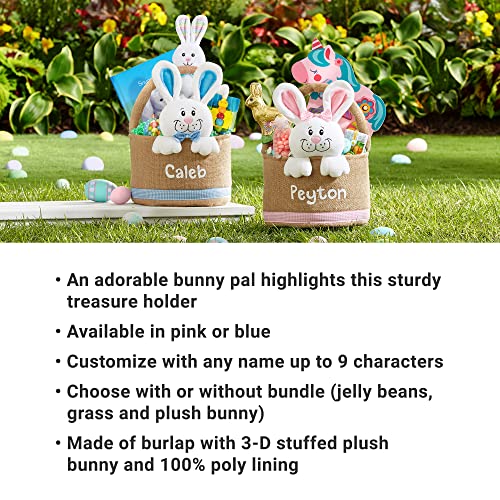 Let's Make Memories Personalized Easter Basket for Kids - Custom - For Boys and Girls - Fillable - With Optional Easter Basket Stuffers - 3-D Stuffed Bunny in Burlap - Pink