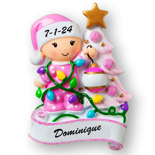Personalized Baby Christmas Ornaments Baby Girl Baby Boy in Pajamas with Christmas Tree Holiday Decoration Baby's First Keepsake Ornament Custom Name and Date (Pink)