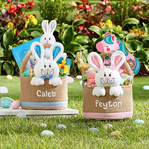 Let's Make Memories Personalized Easter Basket for Kids - Custom - For Boys and Girls - Fillable - With Optional Easter Basket Stuffers - 3-D Stuffed Bunny in Burlap - Pink