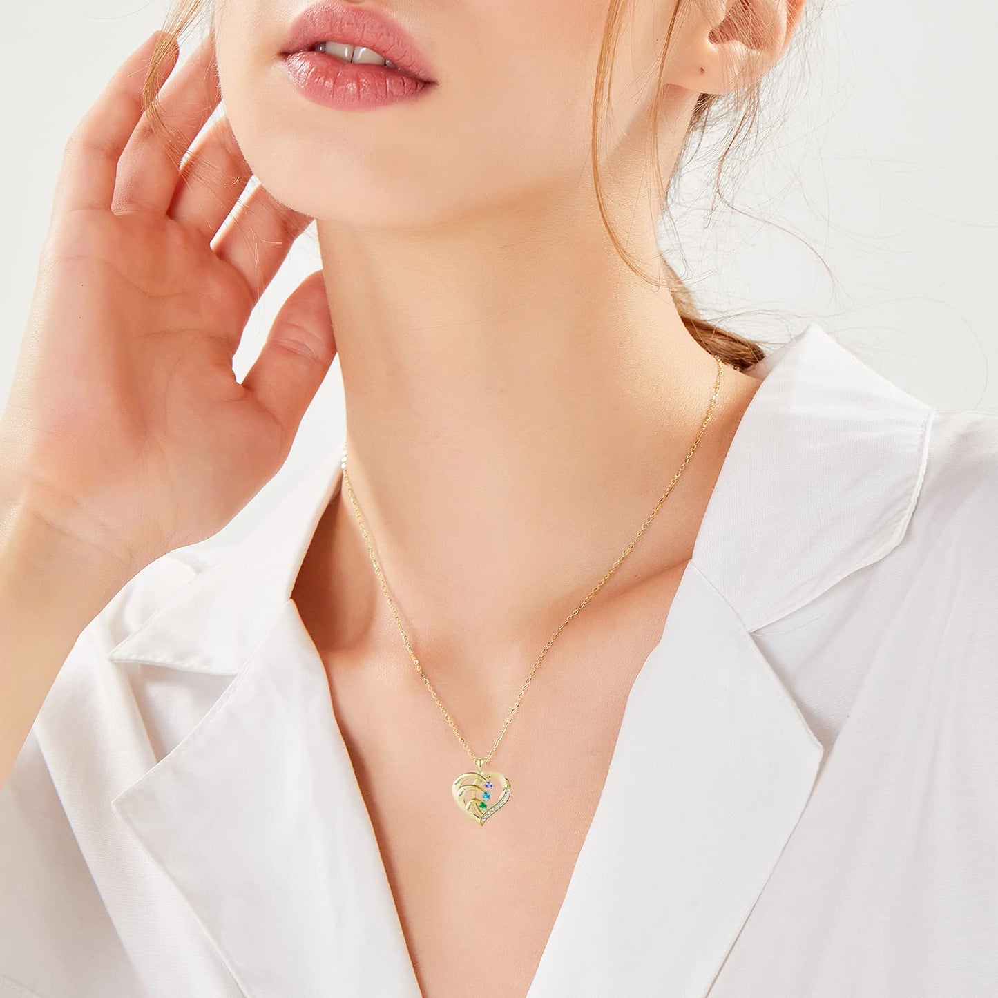 MOLICACI 10K/14K/18K Solid Gold Personalized Name Heart Necklace With 3 Birthstone, Real Gold Customized Mom Names Pendant Necklace Gold Mothers Necklace for mom, wife, Grandma