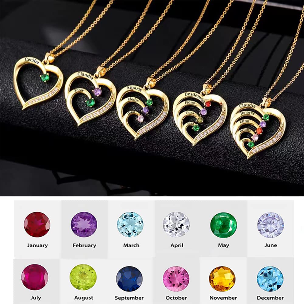 MOLICACI 10K/14K/18K Solid Gold Personalized Name Heart Necklace With 3 Birthstone, Real Gold Customized Mom Names Pendant Necklace Gold Mothers Necklace for mom, wife, Grandma
