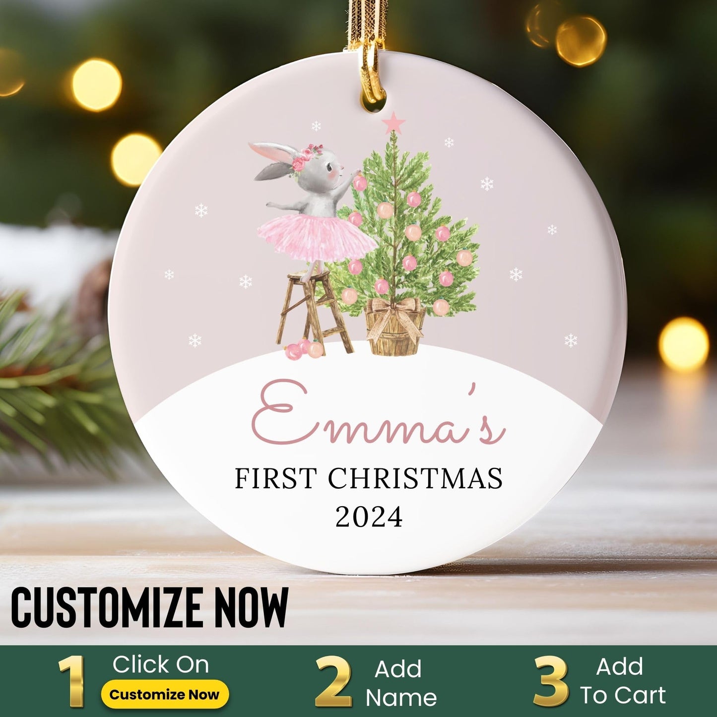 2024 Baby's First Christmas Ornament Personalized With Name - New Parents Gift for Mom Dad, Custom Pink Bunny for Christmas Tree