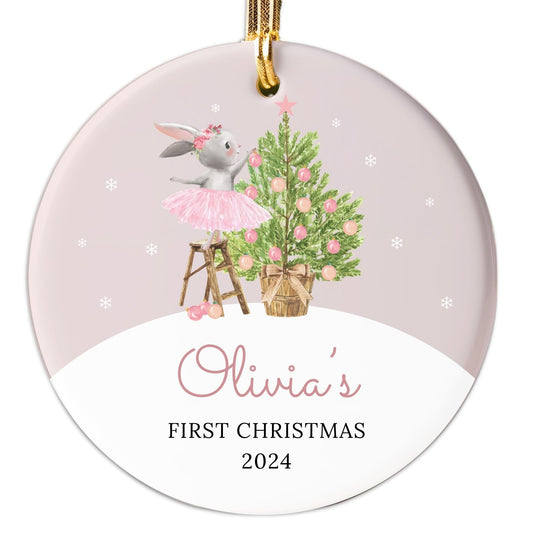 2024 Baby's First Christmas Ornament Personalized With Name - New Parents Gift for Mom Dad, Custom Pink Bunny for Christmas Tree