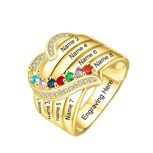 10K 14K 18K Solid Gold Personalized Family Name Ring Mothers Ring with 8 Birthstones for Women Custom Multiple Name Ring Jewelry Gifts for Mom Grandmother Wife Birthday Mother's Day Christmas