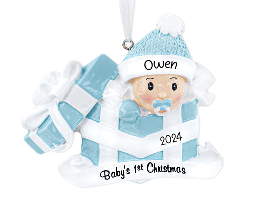 UniqXmas Personalized Baby's First Christmas Ornament 2025 | Custom Baby Boy in Blue Present Xmas Tree Decoration – Newborn New Grandbaby My 1st Year Ornament