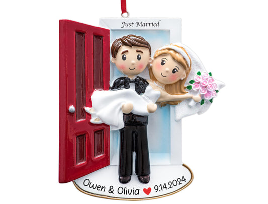 UniqXmas Personalized Our First Christmas Married Ornament 2025 | Customized Wedding Couple Threshold, Groom Carrying Bride for Xmas Tree | Just Married Newlyweds Marriage Keepsake | Custom Name Year