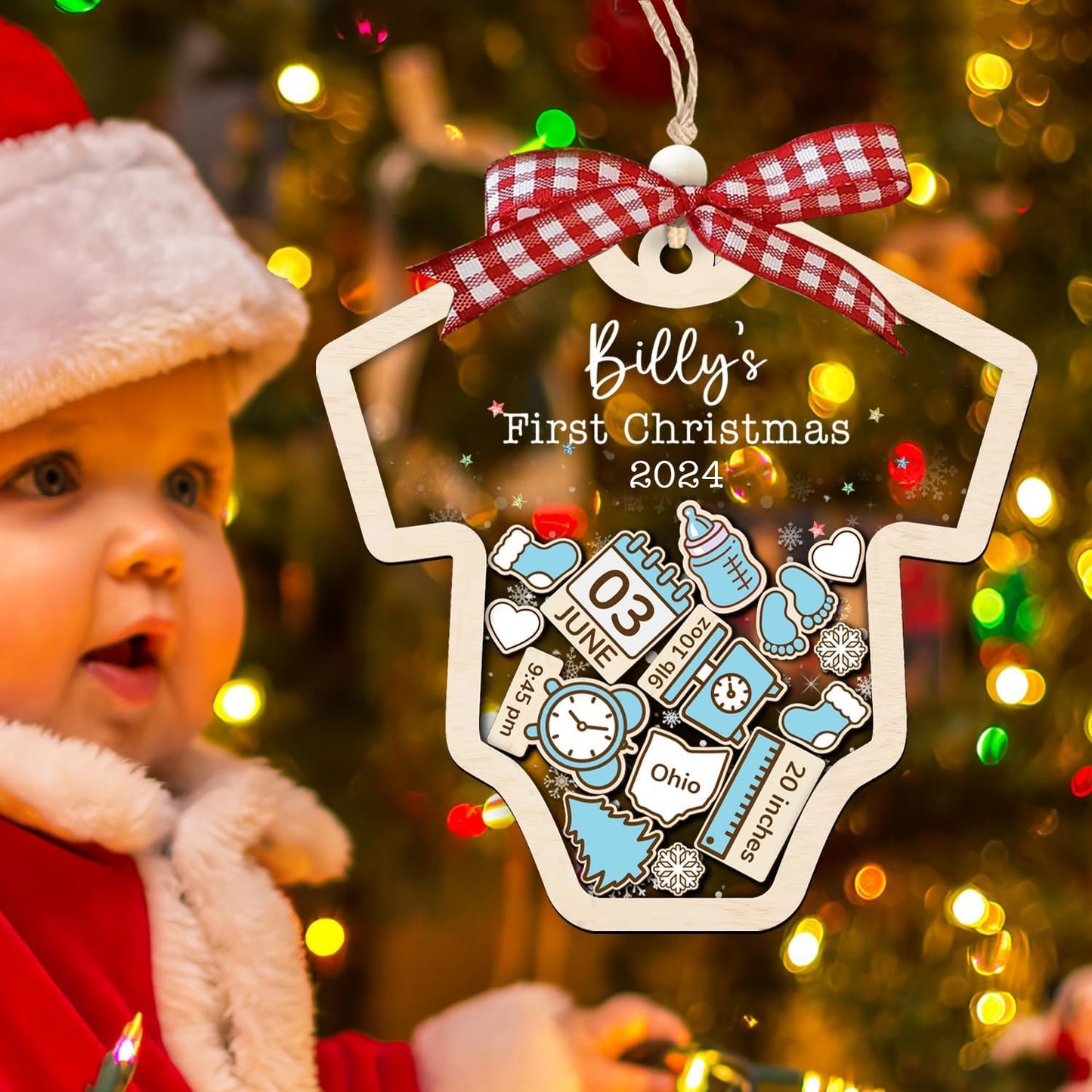 Baby's First Christmas Ornament 2024 Girl Boy - Baby Onesie Personalized Christmas Ornaments, Custom Babys 1st Christmas Ornament 2024 Name, Birthdate, Weight, Height for Newborn