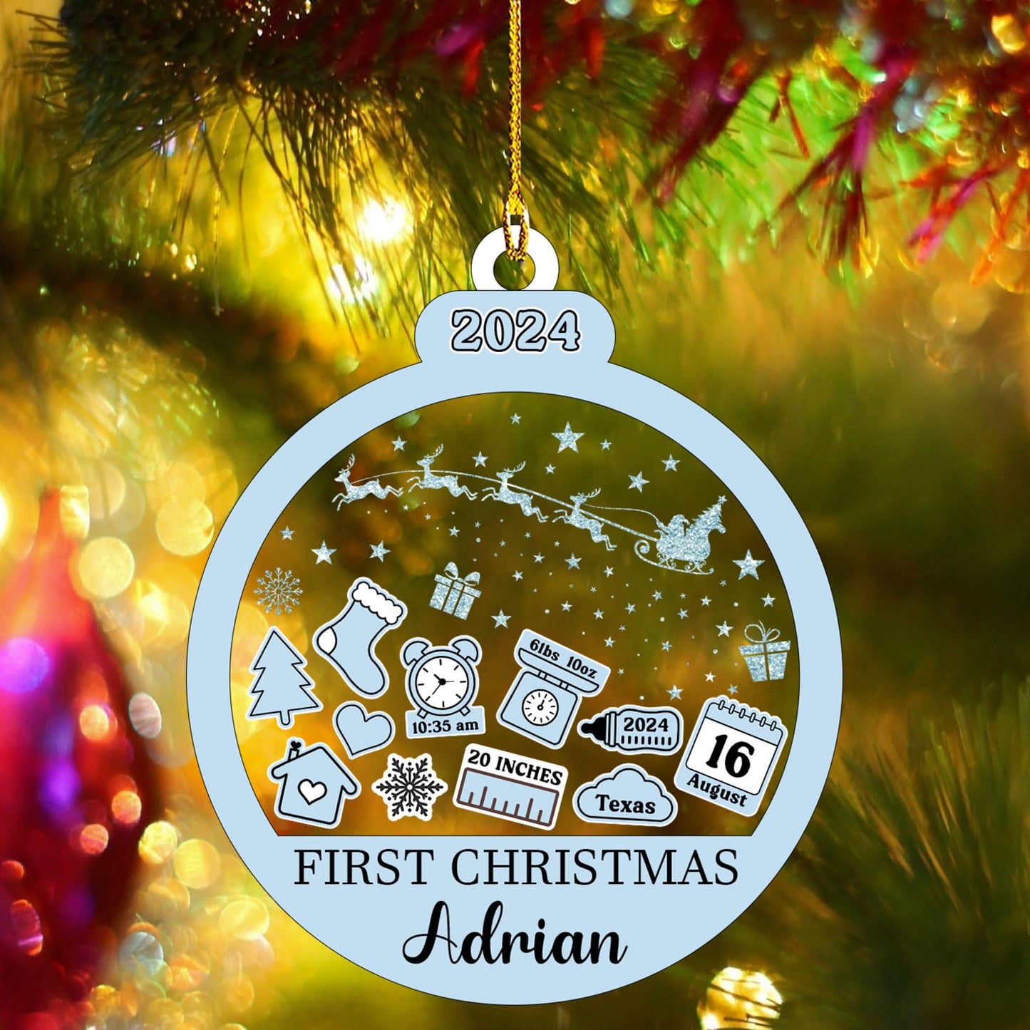 Baby‘s First Christmas Ornament 2024 Custom New Baby Gifts Personalized Funny Round Shape Baby Name, Birthdate, Weight, Height for Newborn Girl Boy Keepsake Ornament