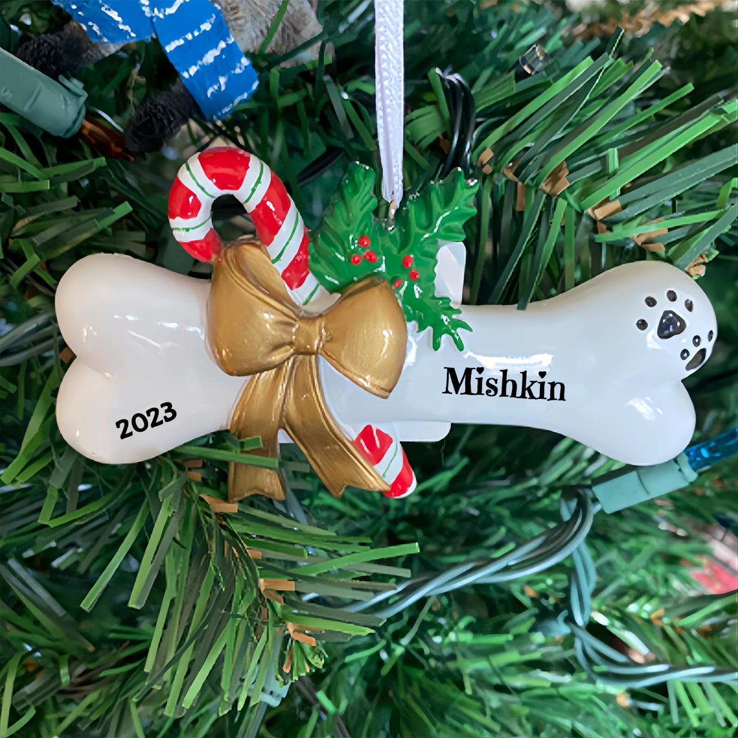Personalized Dog Bone Christmas Ornament 2025, Custom Polyresin Hanging Dog Bone Ornament for Xmas Tree Decoration Holiday Family Decor Gifts