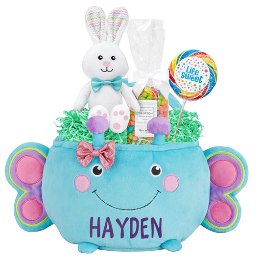 Let's Make Memories Personalized Easter Basket for Kids - Plush Furry Critter - For Boys and Girls - Custom Name - Fillable - With Optional Easter Basket Stuffers - Butterfly
