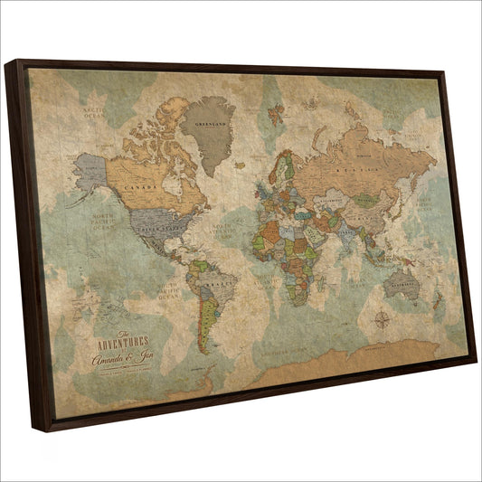 Holy Cow Canvas Personalized World Map on Canvas in Vintage Earth Tones, Travel Map with Pins to Mark Travels, World Map Pin Board, World Maps for Wall Push Pin (60" x 40", Framed)