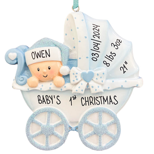 UniqXmas Personalized Baby's First Christmas Ornament 2025 | Baby Boy Carriage Xmas Tree Decoration Blue Stroller | My 1st Xmas Keepsake for New Baby Newborn Grandbaby - Custom Name & Year
