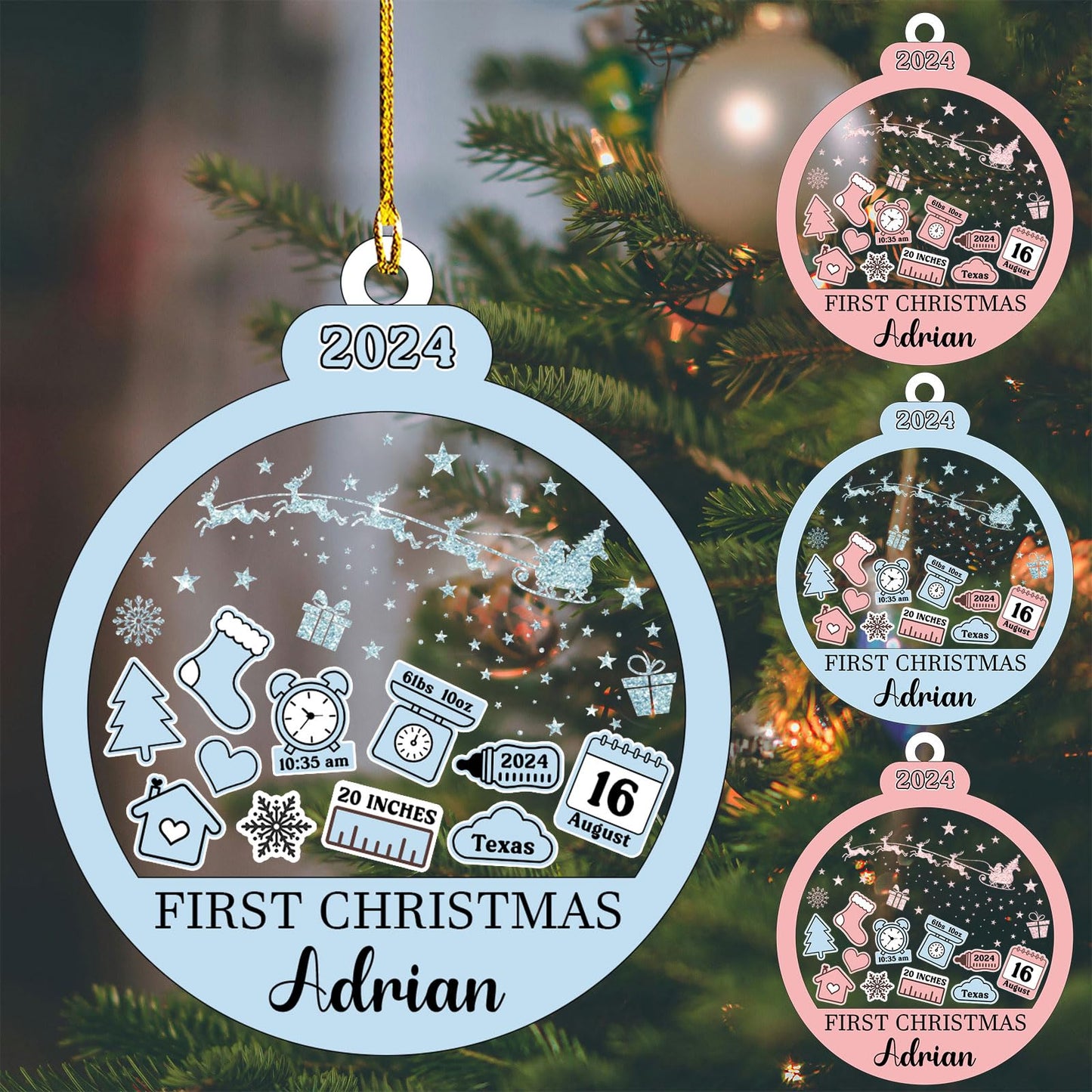 Baby‘s First Christmas Ornament 2024 Custom New Baby Gifts Personalized Funny Round Shape Baby Name, Birthdate, Weight, Height for Newborn Girl Boy Keepsake Ornament