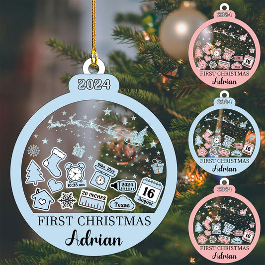 Baby‘s First Christmas Ornament 2024 Custom New Baby Gifts Personalized Funny Round Shape Baby Name, Birthdate, Weight, Height for Newborn Girl Boy Keepsake Ornament
