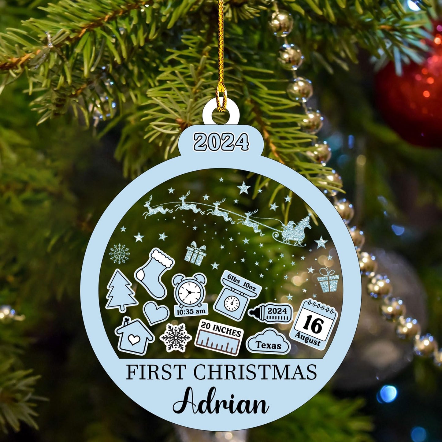 Baby‘s First Christmas Ornament 2024 Custom New Baby Gifts Personalized Funny Round Shape Baby Name, Birthdate, Weight, Height for Newborn Girl Boy Keepsake Ornament