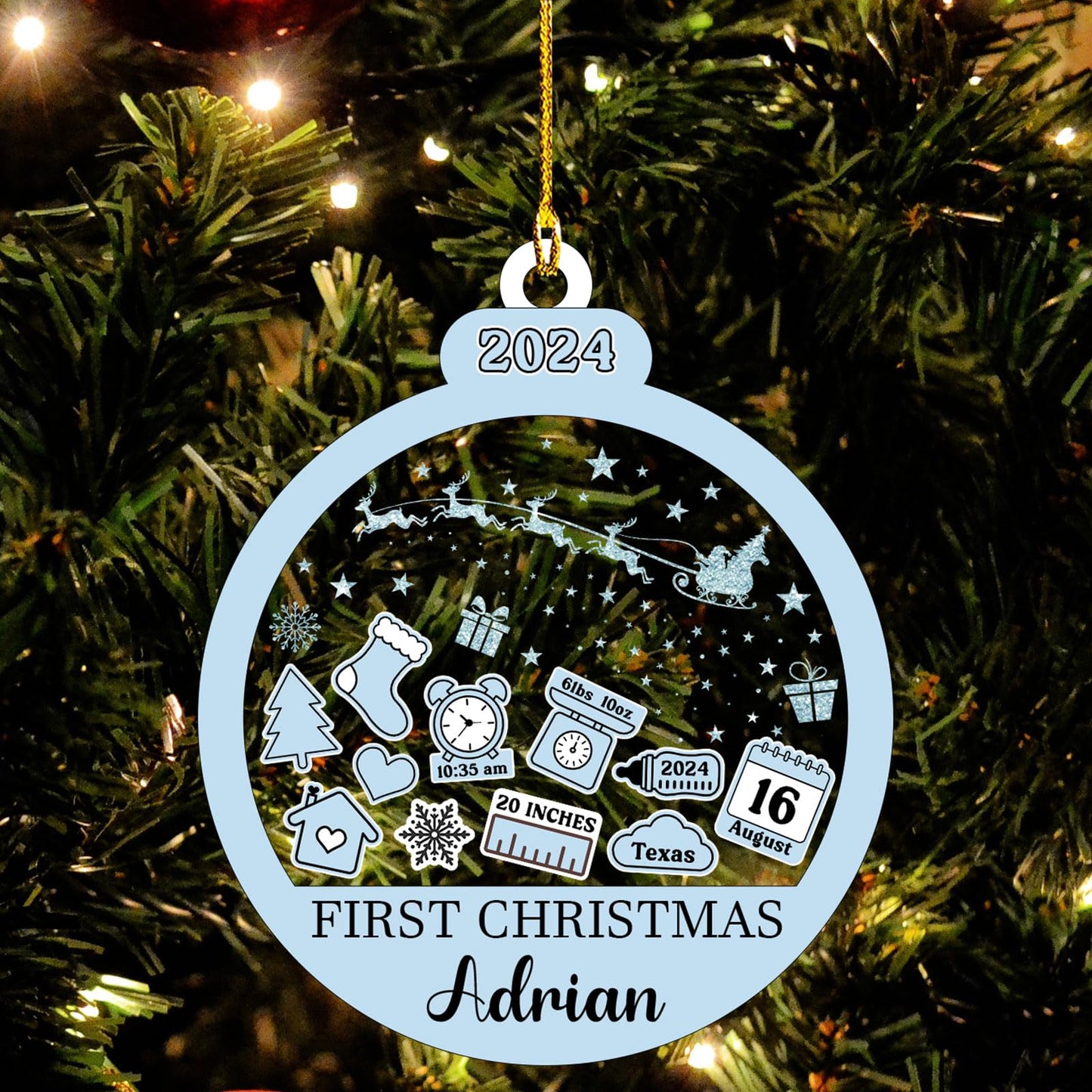 Baby‘s First Christmas Ornament 2024 Custom New Baby Gifts Personalized Funny Round Shape Baby Name, Birthdate, Weight, Height for Newborn Girl Boy Keepsake Ornament