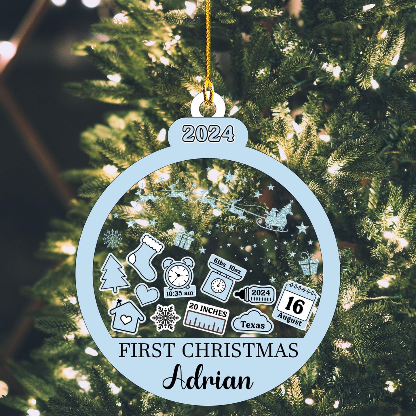Baby‘s First Christmas Ornament 2024 Custom New Baby Gifts Personalized Funny Round Shape Baby Name, Birthdate, Weight, Height for Newborn Girl Boy Keepsake Ornament