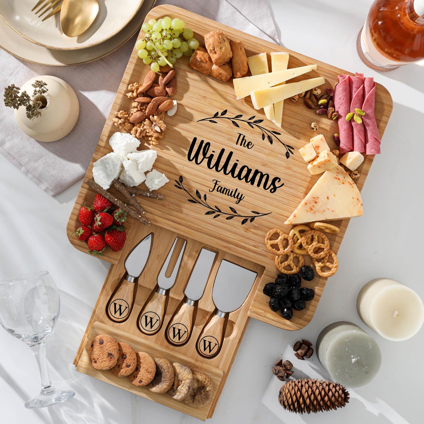 Personalized Charcuterie Boards Gift Set, Custom Engraved Cheese Board, Christmas Gifts for Mom Wedding Gifts for Couples, Bridal Shower, Birthday, Housewarming New Home Gifts for Family or Women