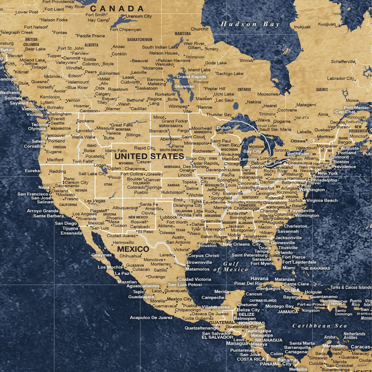 Holy Cow Canvas Personalized Gold & Navy Textured Push Pin World Map on Canvas, Push Pins Included to Track Travels, World Map Pin Board, Best gift for People Who Travel (60" x 40", Framed)