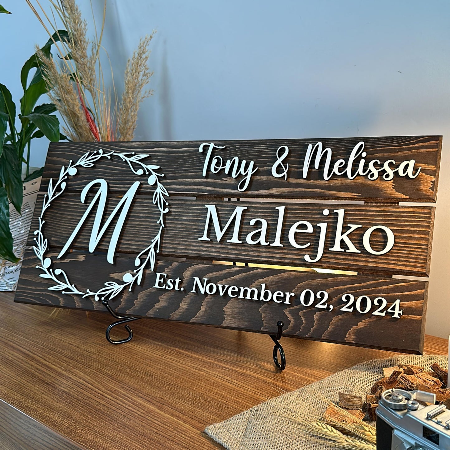 Personalized Wooden Monogram Family Sign with Couples Names, Custom Name Sign, Unique Wedding Gift for Couples, Rustic Established Date Plaque, Anniversary Gifts for Wife or Husband Gifts