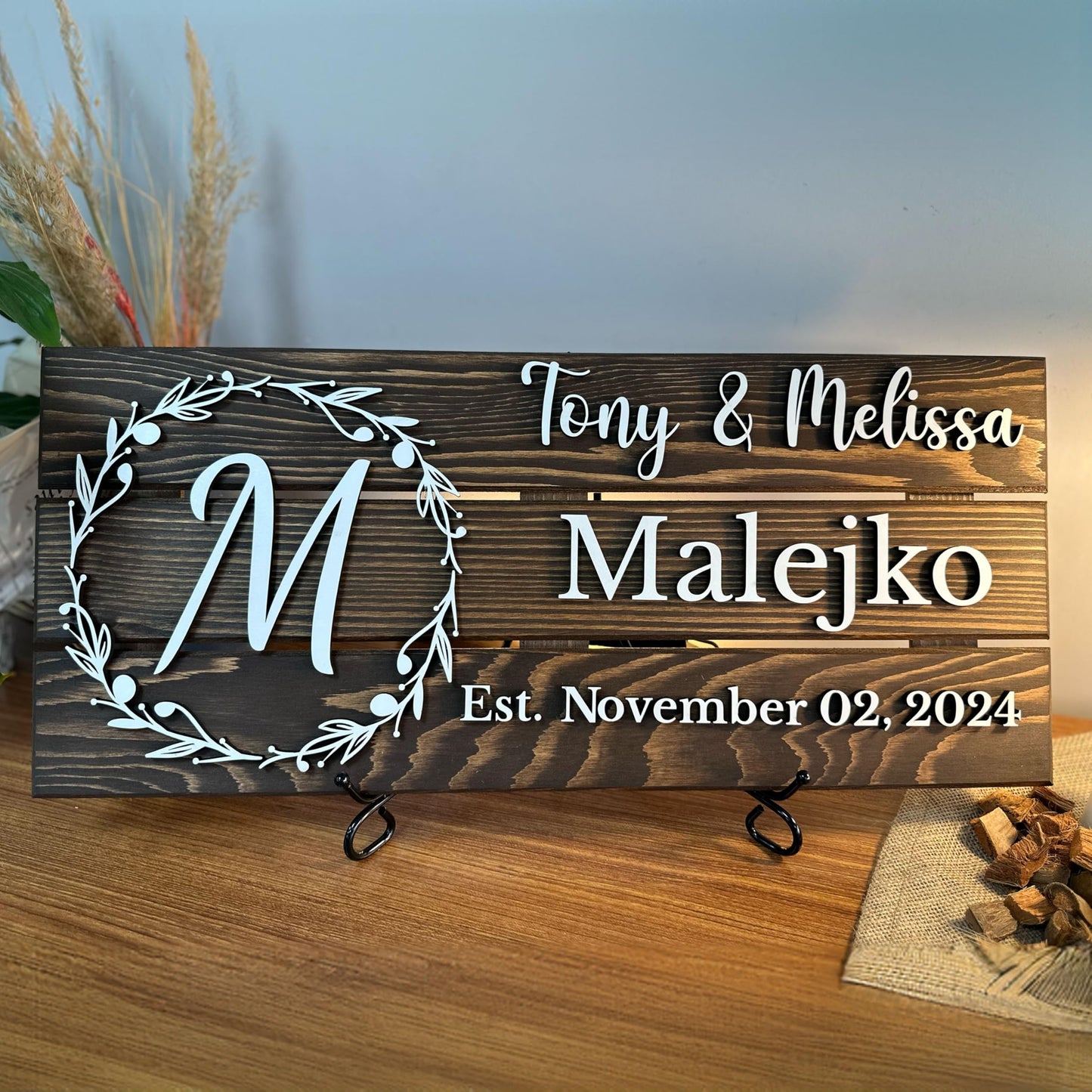 Personalized Wooden Monogram Family Sign with Couples Names, Custom Name Sign, Unique Wedding Gift for Couples, Rustic Established Date Plaque, Anniversary Gifts for Wife or Husband Gifts
