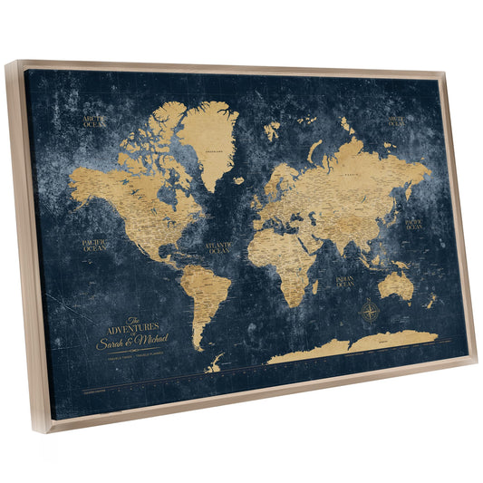 Holy Cow Canvas Personalized Gold & Navy Textured Push Pin World Map on Canvas, Push Pins Included to Track Travels, World Map Pin Board, Best gift for People Who Travel (60" x 40", Framed)